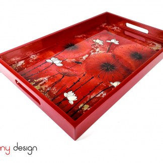 Red rectangular lacquer tray with hand-painted lotus 28*45cm